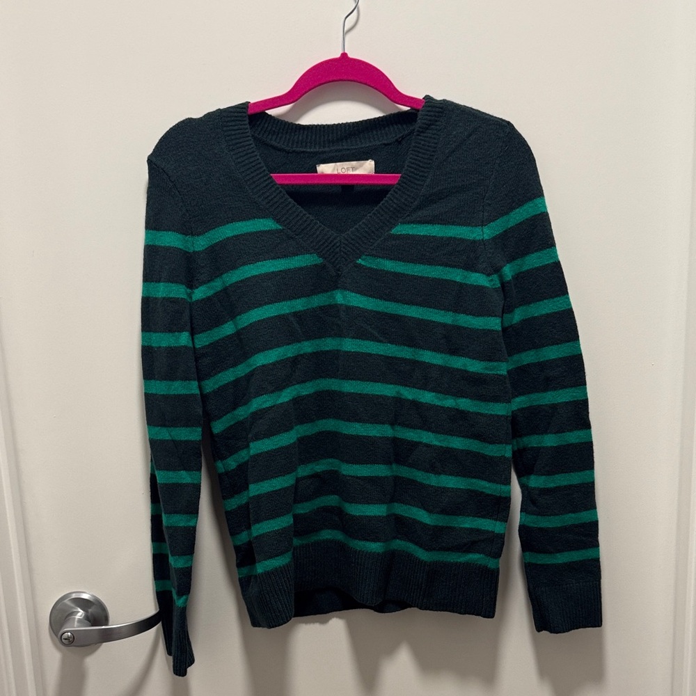 LOFT V-Neck Sweater with Green Stripes